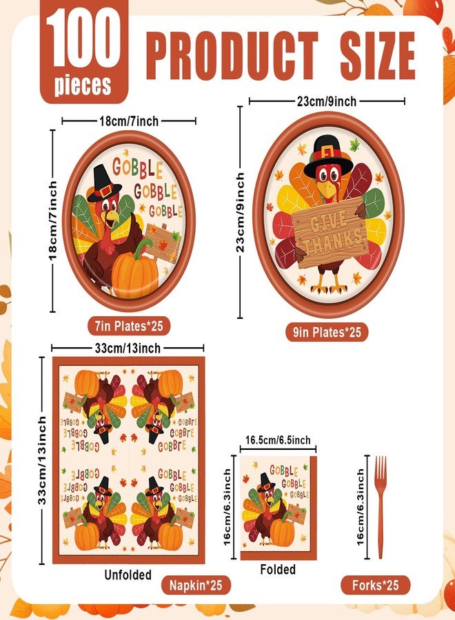 PhyLence 100 Pcs Thanksgiving Turkey Tableware Party Supplies - Disposable Fall Dinnerware Set with Paper Plates, Napkins, and Forks for Autumn Celebrations, Friendsgiving, and Thanksgiving Dinner - Serves 25 - Image 2